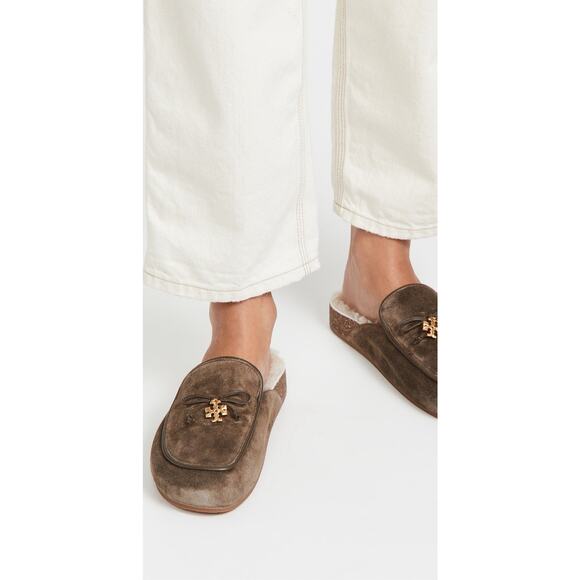 Tory Burch Charm Mules River Rock Suede Cork Slides Size 8 Shearling Loafers - Picture 1 of 11